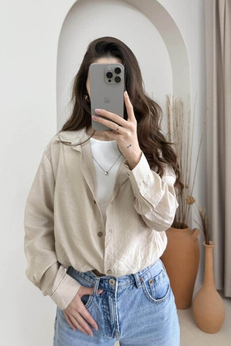 2 IN 1 SHIRT+ T-SHIRT NECKLACE DETAIL WOMEN SET BEIGE/BEZHE - 1