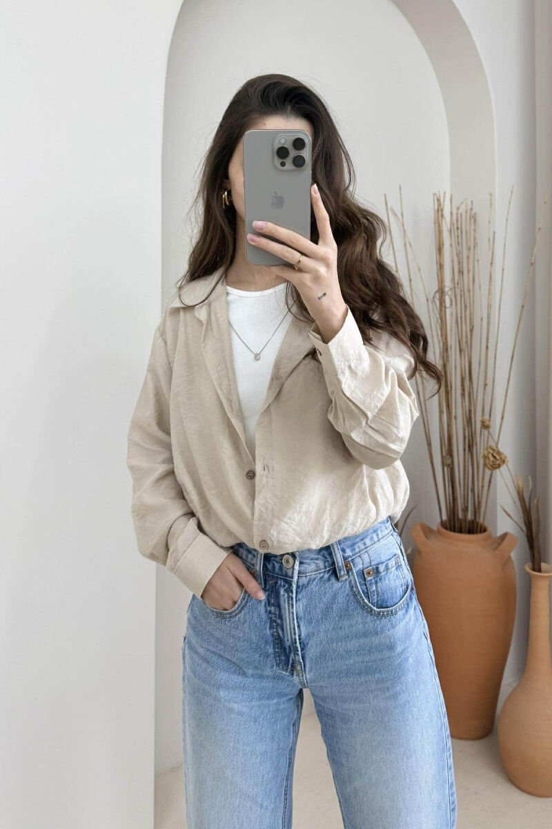 2 IN 1 SHIRT+ T-SHIRT NECKLACE DETAIL WOMEN SET BEIGE/BEZHE - 2