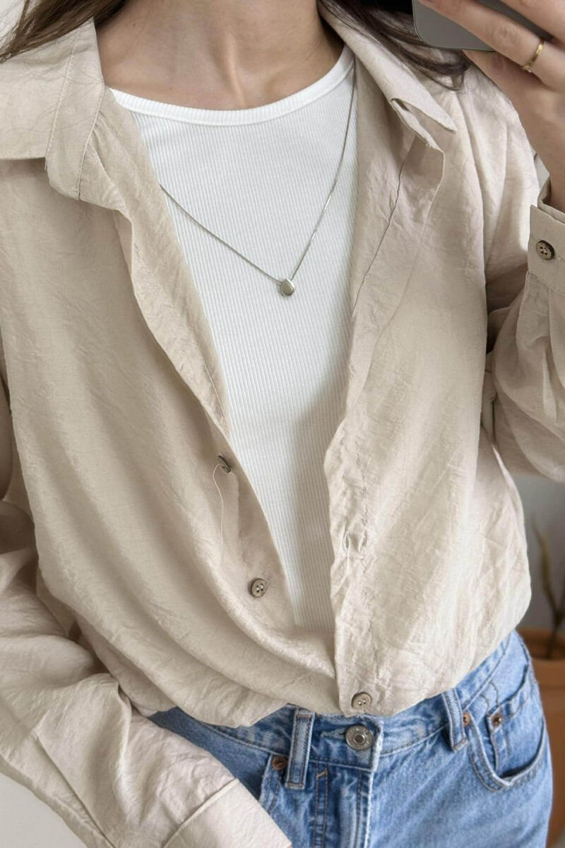 2 IN 1 SHIRT+ T-SHIRT NECKLACE DETAIL WOMEN SET BEIGE/BEZHE - 3