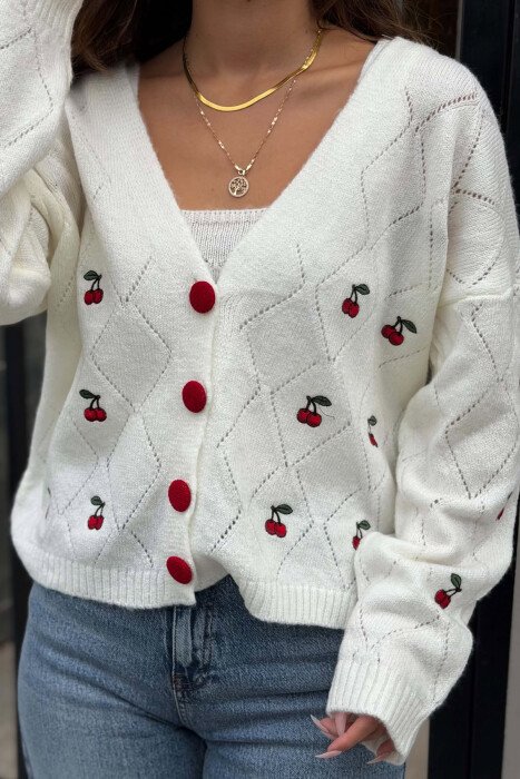 2 IN 1 TANK TOP+ CARDIGAN CHERRY DESIGN ONE COLOR WOMAN CARDIGAN WHITE-E BARDHE - 3