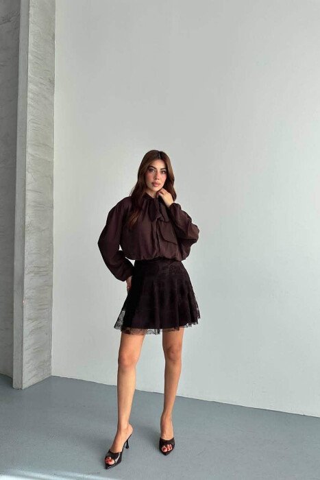2 IN 1 TANK TOP + DRESS ONE COLOR LACING NECK WOMEN DRESS BROWN/KAFE - 1