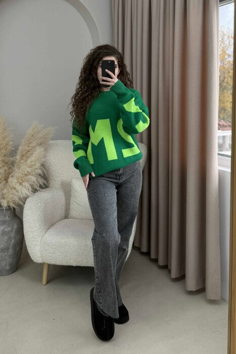 2M FRONT WRITTING KNITTED WOMEN SWEATER GREEN/JESHILE - 1