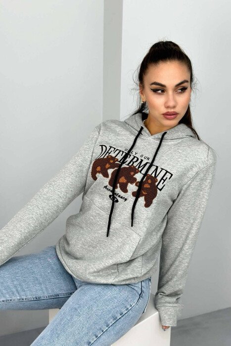 3 BEARS WRITTINGS COTTON WOMAN HOODIE GREY/GRI - KLAUDIO FASHION