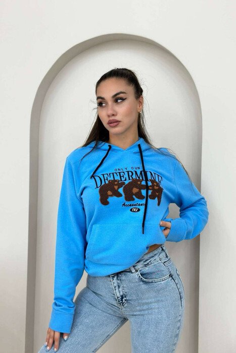 3 BEARS WRITTINGS COTTON WOMAN HOODIE LIGHTBLUE/BZ - KLAUDIO FASHION