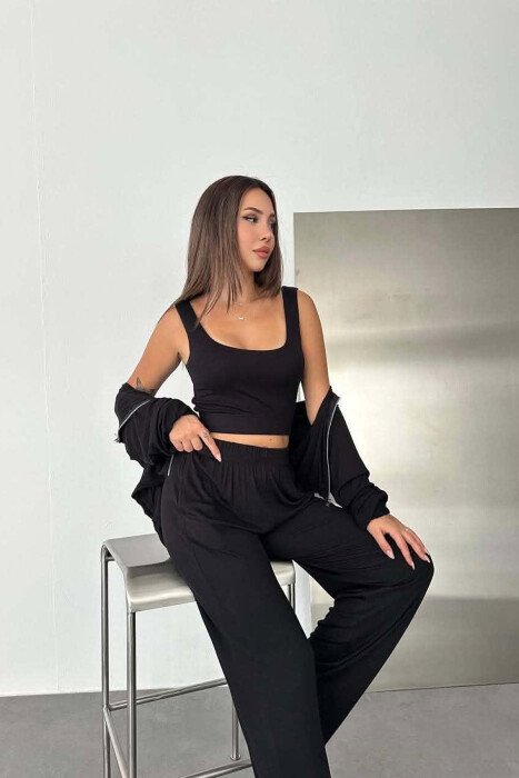 3 IN 1 ZIPPER JACKET + CROPPED TANK TOP + SWEATPANTS WOMAN SET BLACK/ E ZEZE - 3