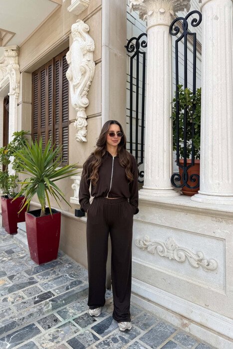 3 IN 1 ZIPPER JACKET + CROPPED TANK TOP + SWEATPANTS WOMAN SET BROWN/KAFE - KLAUDIO FASHION