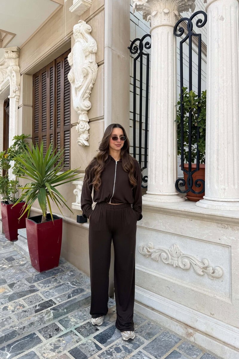 3 IN 1 ZIPPER JACKET + CROPPED TANK TOP + SWEATPANTS WOMAN SET BROWN/KAFE - 1