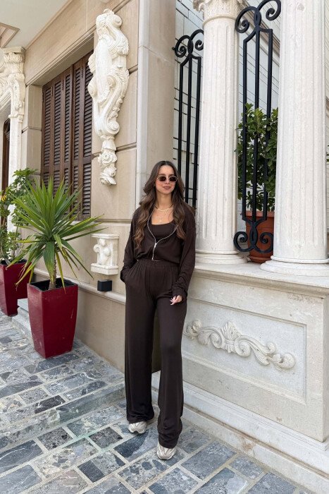 3 IN 1 ZIPPER JACKET + CROPPED TANK TOP + SWEATPANTS WOMAN SET BROWN/KAFE - 7