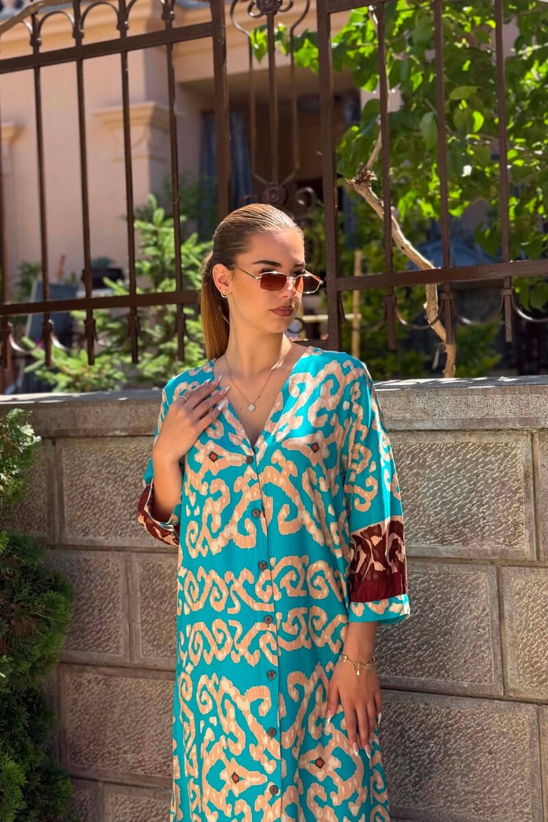 ABSTRACT DESIGN BUTTONED WOMEN DRESS BLUE STONE/GK - 3
