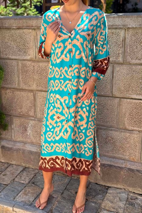 ABSTRACT DESIGN BUTTONED WOMEN DRESS BLUE STONE/GK - 5
