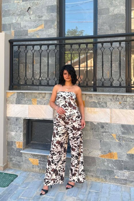 ABSTRACT DESIGN CROP TOP+TROUSERS WOMEN SET CREAM-BROWN/KRKA - KLAUDIO FASHION