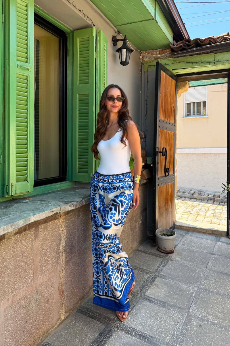 ABSTRACT DESIGN ELASTIC WAIST WOMEN TROUSERS BLUE/BLU - 2