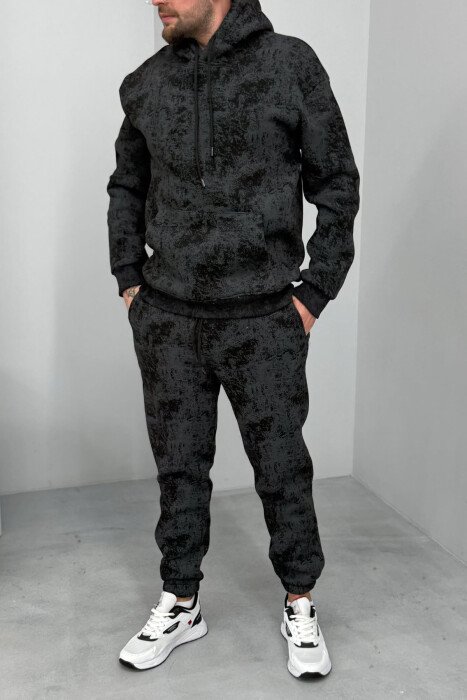 ABSTRACT DESIGN FLUFFY HOODIE+JOGGERS MEN SET DARK GREY/GEE - KLAUDIO FASHION