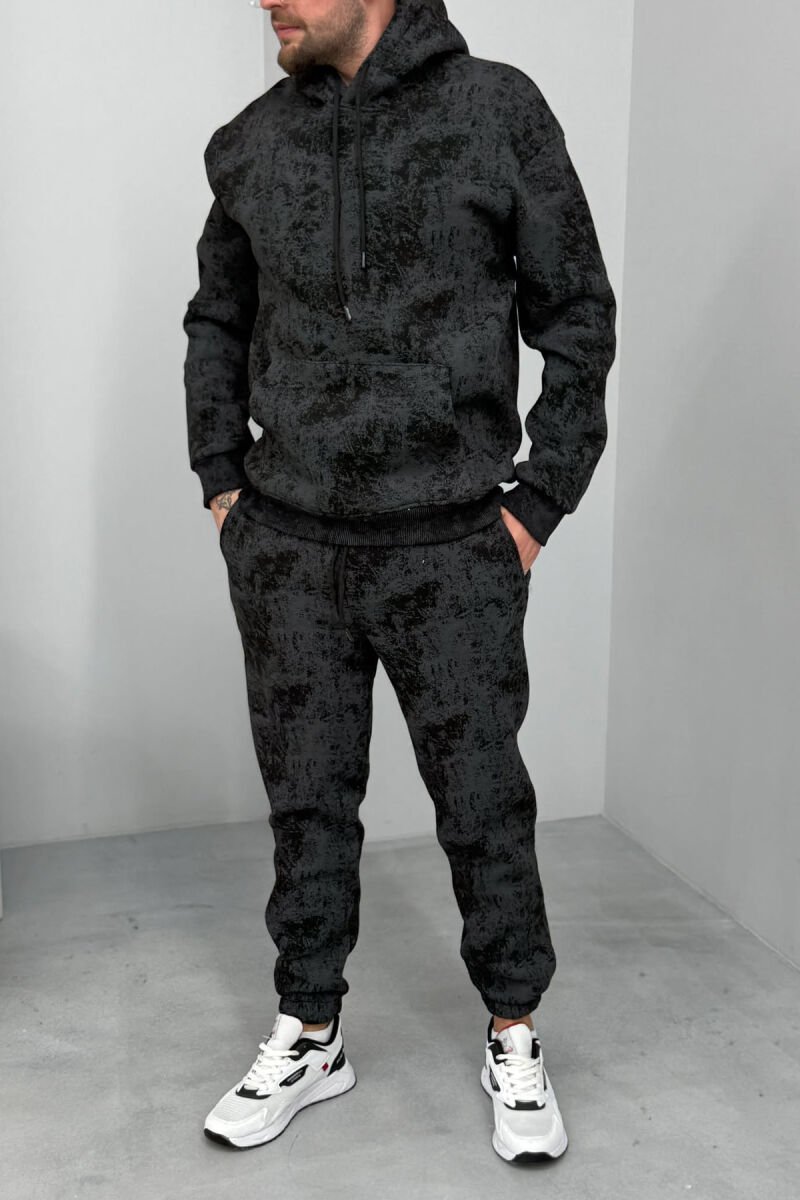 ABSTRACT DESIGN FLUFFY HOODIE+JOGGERS MEN SET DARK GREY/GEE - 1