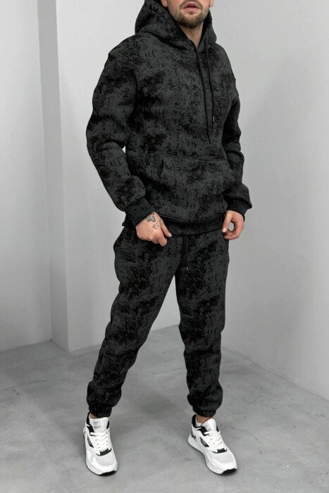 ABSTRACT DESIGN FLUFFY HOODIE+JOGGERS MEN SET DARK GREY/GEE - 2