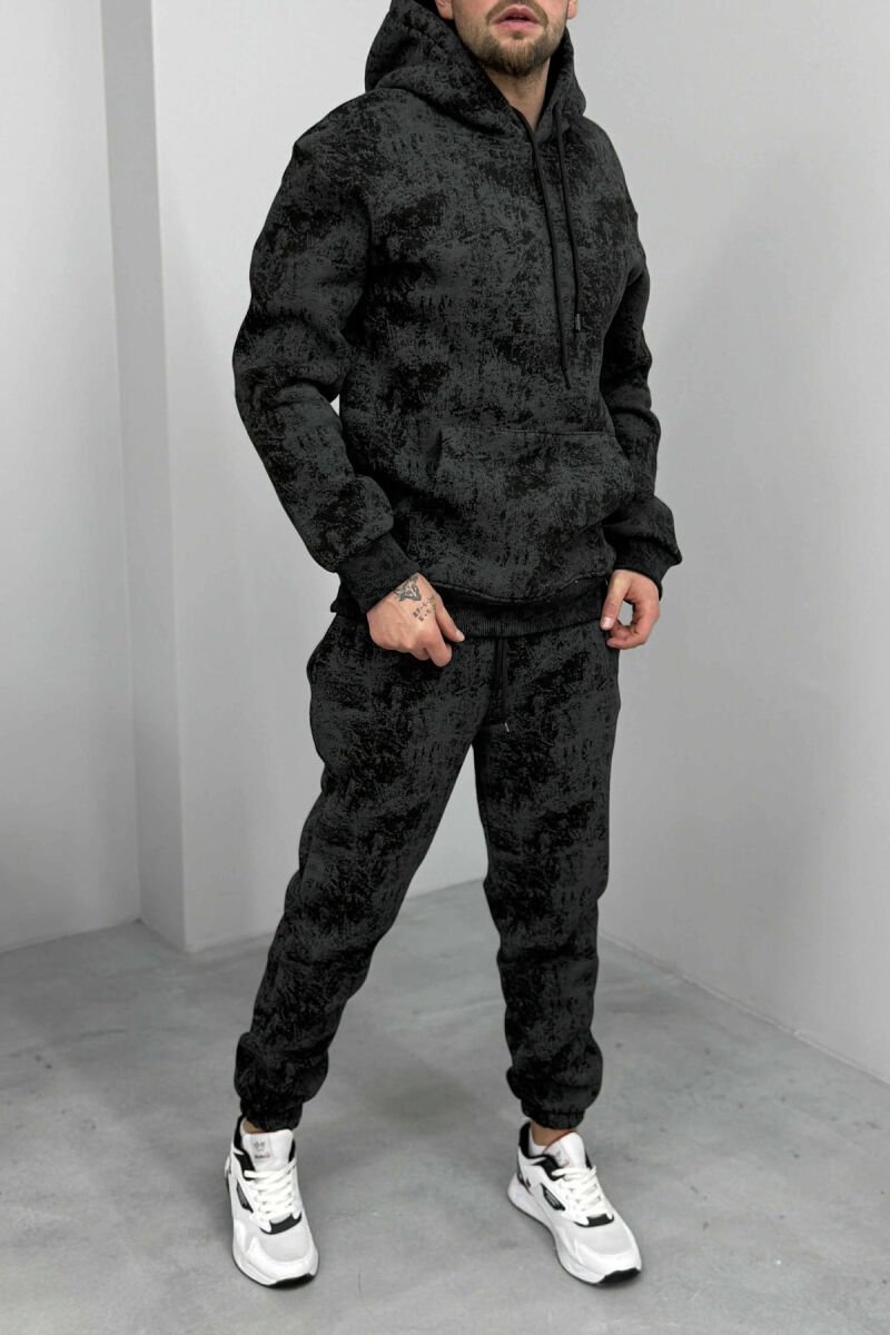 ABSTRACT DESIGN FLUFFY HOODIE+JOGGERS MEN SET DARK GREY/GEE - 2