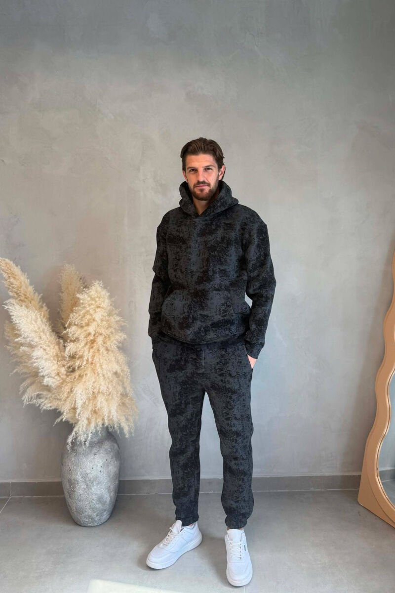 ABSTRACT DESIGN FLUFFY HOODIE+JOGGERS MEN SET DARK GREY/GEE - 1