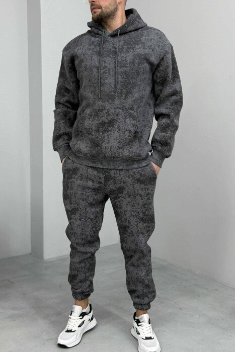 ABSTRACT DESIGN FLUFFY HOODIE+JOGGERS MEN SET GREY/GRI - KLAUDIO FASHION