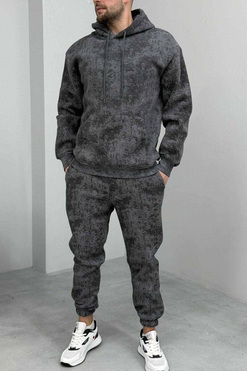 ABSTRACT DESIGN FLUFFY HOODIE+JOGGERS MEN SET GREY/GRI - 1