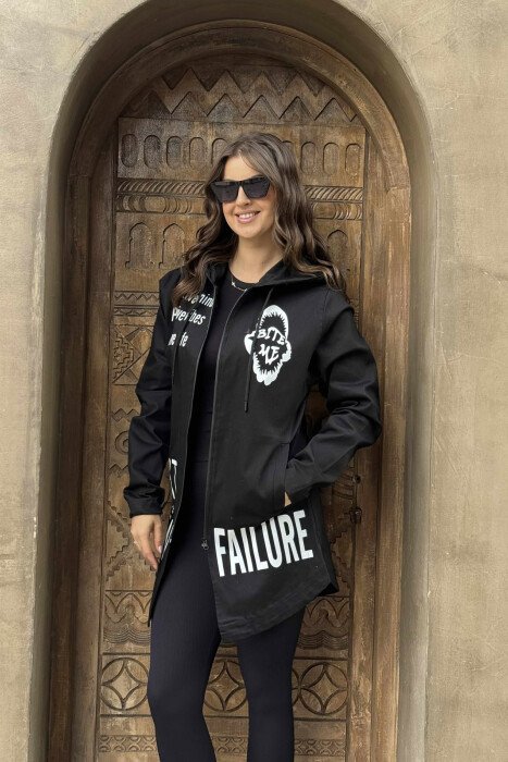 ABSTRACT DESIGN LONG HOOD WOMEN JACKET BLACK/ E ZEZE - 1