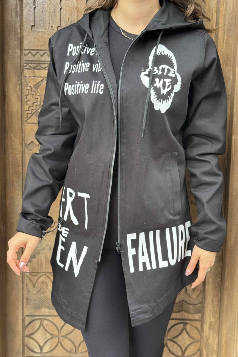 ABSTRACT DESIGN LONG HOOD WOMEN JACKET BLACK/ E ZEZE - 3