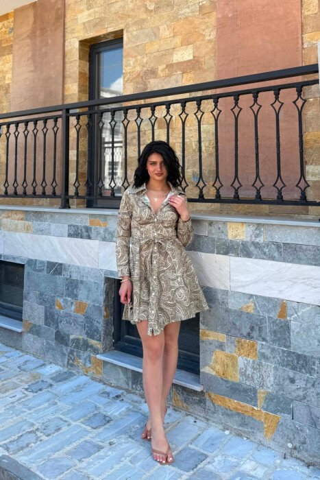 ABSTRACT DESIGN LONG SLEEVE WOMEN DRESS OLIVE/ULLI - KLAUDIO FASHION