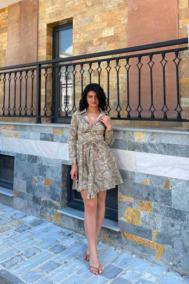 ABSTRACT DESIGN LONG SLEEVE WOMEN DRESS OLIVE/ULLI - 1