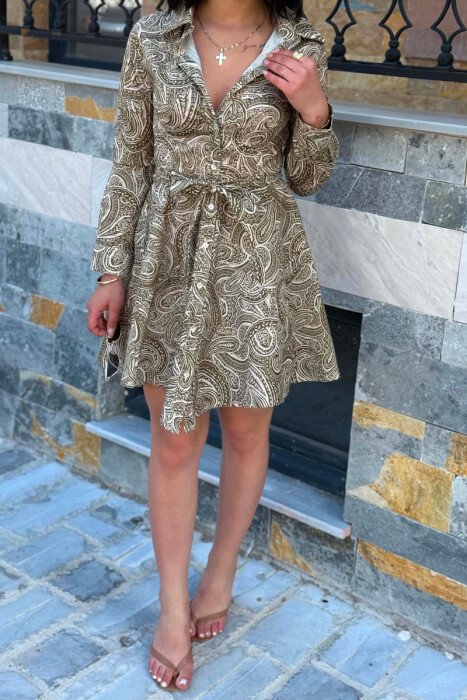 ABSTRACT DESIGN LONG SLEEVE WOMEN DRESS OLIVE/ULLI - 3
