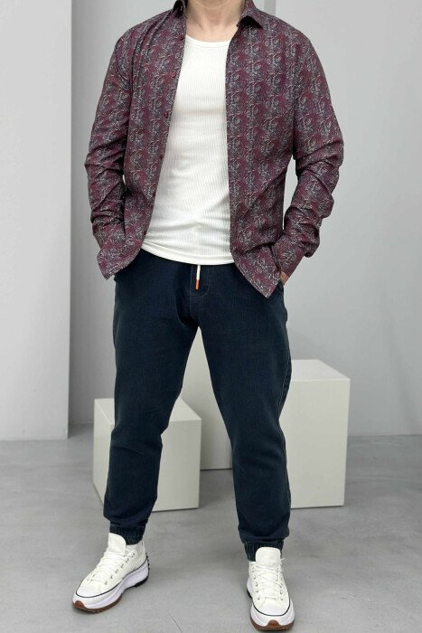ABSTRACT DESIGN LONG SLEEVES MEN SHIRT BURGUNDY/VISHNJE - KLAUDIO FASHION