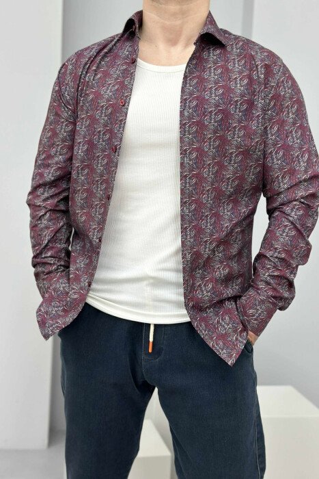 ABSTRACT DESIGN LONG SLEEVES MEN SHIRT BURGUNDY/VISHNJE - 2