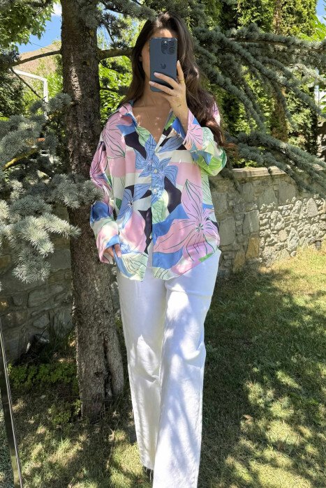 ABSTRACT DESIGN LONG SLEEVES WOMEN SHIRT PINK-GREEN/RO-JE - 5