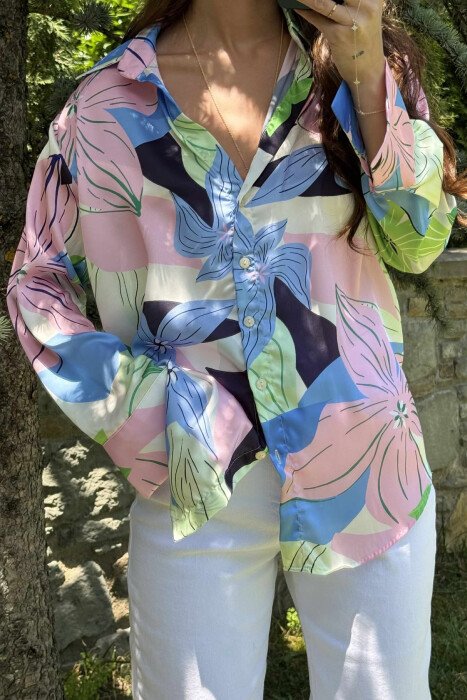 ABSTRACT DESIGN LONG SLEEVES WOMEN SHIRT PINK-GREEN/RO-JE - 6