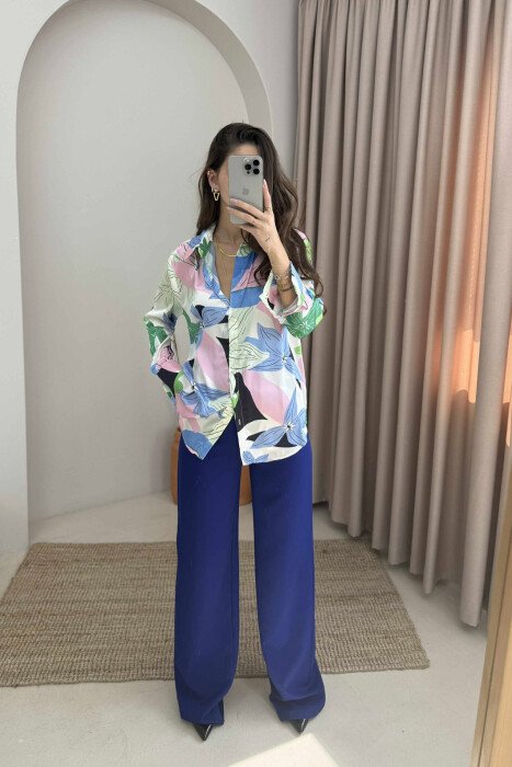 ABSTRACT DESIGN LONG SLEEVES WOMEN SHIRT PINK-GREEN/RO-JE - 1