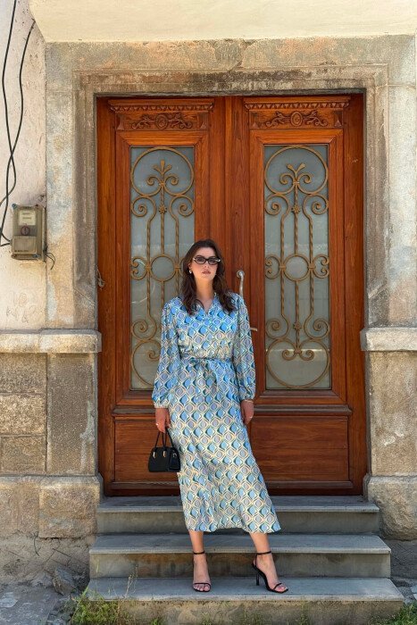 ABSTRACT DESIGN LONG WOMAN DRESS LIGHTBLUE/BZ - KLAUDIO FASHION