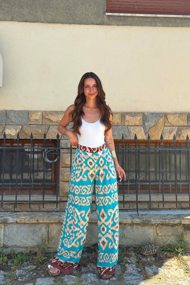 ABSTRACT DESIGN SEMI ELASTIC WAIST WOMEN TROUSERS BLUE STONE/GK - 1