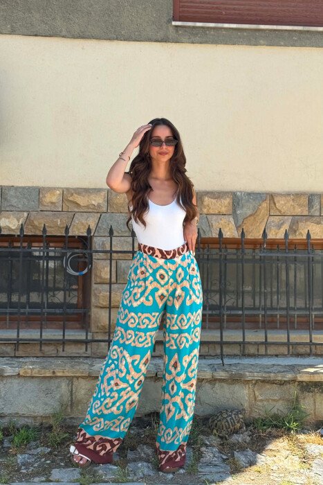 ABSTRACT DESIGN SEMI ELASTIC WAIST WOMEN TROUSERS BLUE STONE/GK - 2