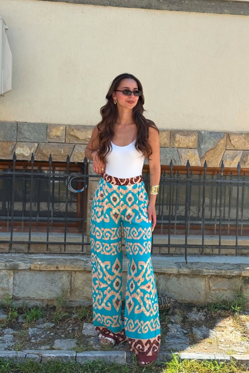 ABSTRACT DESIGN SEMI ELASTIC WAIST WOMEN TROUSERS BLUE STONE/GK - 3