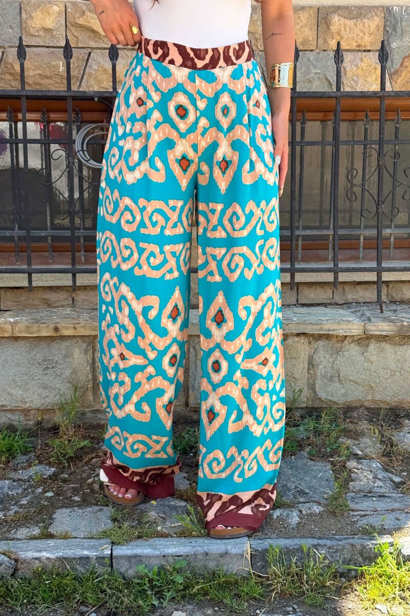 ABSTRACT DESIGN SEMI ELASTIC WAIST WOMEN TROUSERS BLUE STONE/GK - 4