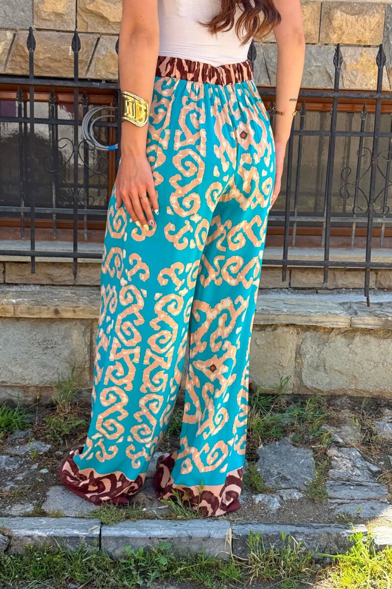 ABSTRACT DESIGN SEMI ELASTIC WAIST WOMEN TROUSERS BLUE STONE/GK - 5
