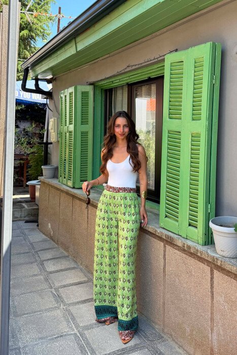 ABSTRACT DESIGN SEMI ELASTIC WAIST WOMEN TROUSERS LIGHT GREEN/JEZB - 1