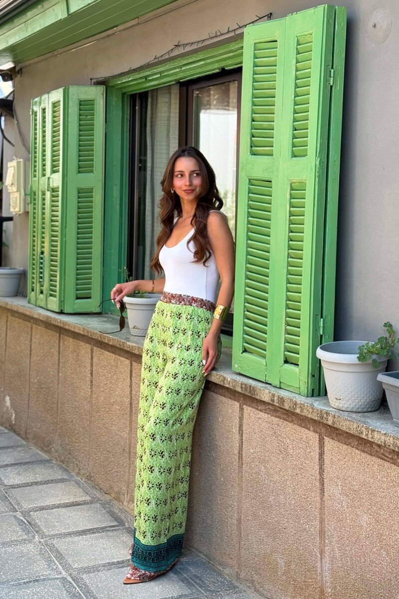 ABSTRACT DESIGN SEMI ELASTIC WAIST WOMEN TROUSERS LIGHT GREEN/JEZB - 2