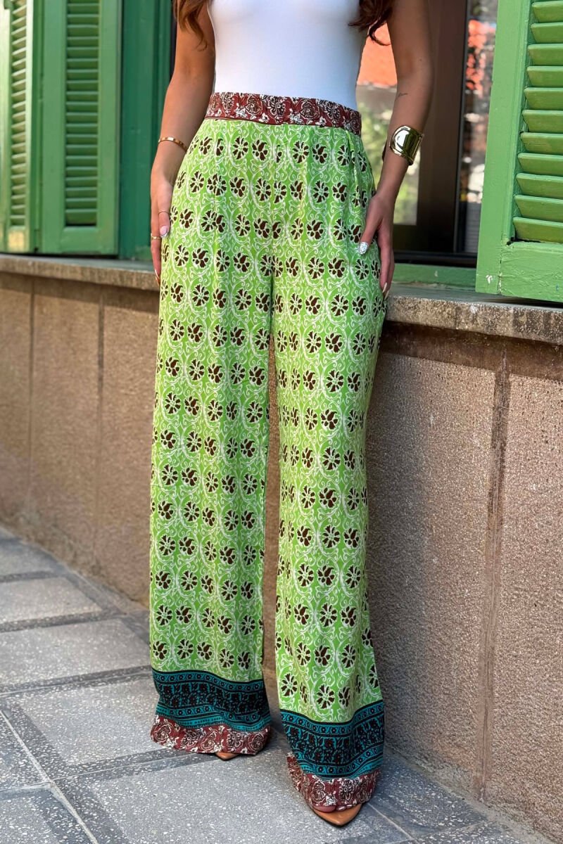 ABSTRACT DESIGN SEMI ELASTIC WAIST WOMEN TROUSERS LIGHT GREEN/JEZB - 3