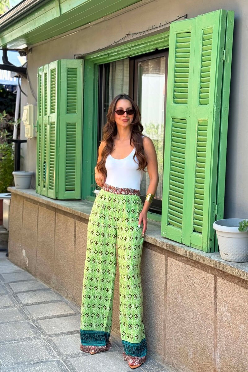ABSTRACT DESIGN SEMI ELASTIC WAIST WOMEN TROUSERS LIGHT GREEN/JEZB - 5