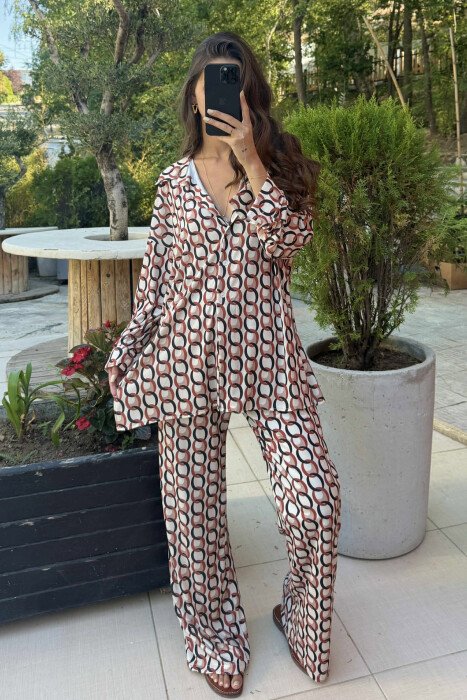 ABSTRACT DESIGN SHIRT+TROUSERS WOMEN SET BEIGE/BEZHE - KLAUDIO FASHION