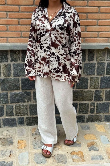 ABSTRACT DESIGN SIMPLE WOMAN SHIRT WHITE-BROWN/BAKA - 2