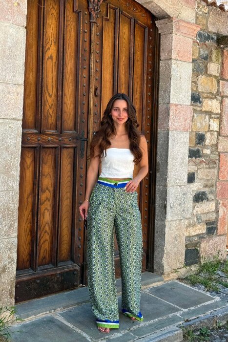 ABSTRACT DESIGN WIDE LEG WOMAN TROUSERS LIGHT GREEN/JEZB - 1