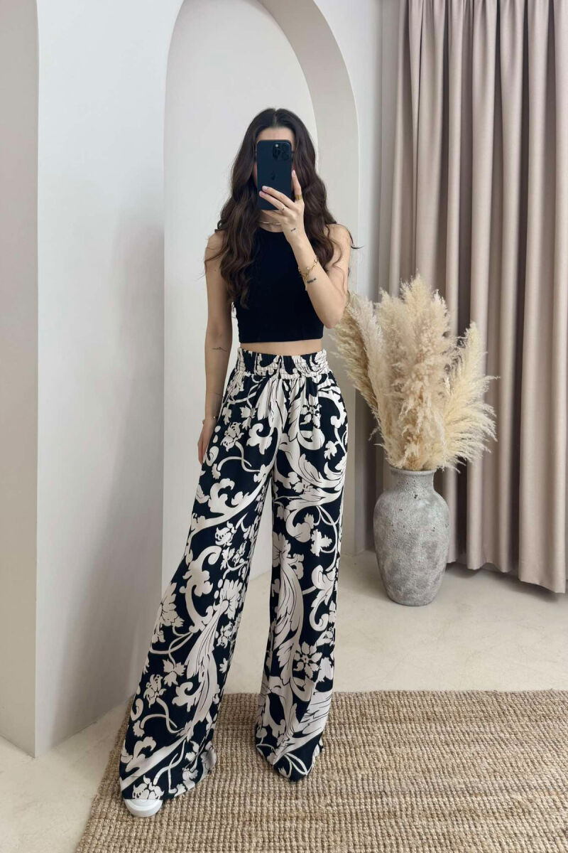 ABSTRACT DESIGN WIDE LEG WOMEN TROUSERS BLACK-BEIGE/ZEBE - 1