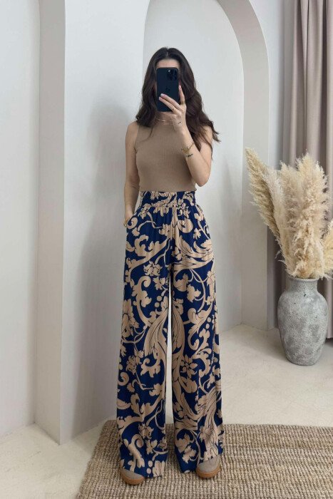 ABSTRACT DESIGN WIDE LEG WOMEN TROUSERS BLUE-BEIGE/BLBZH - 1