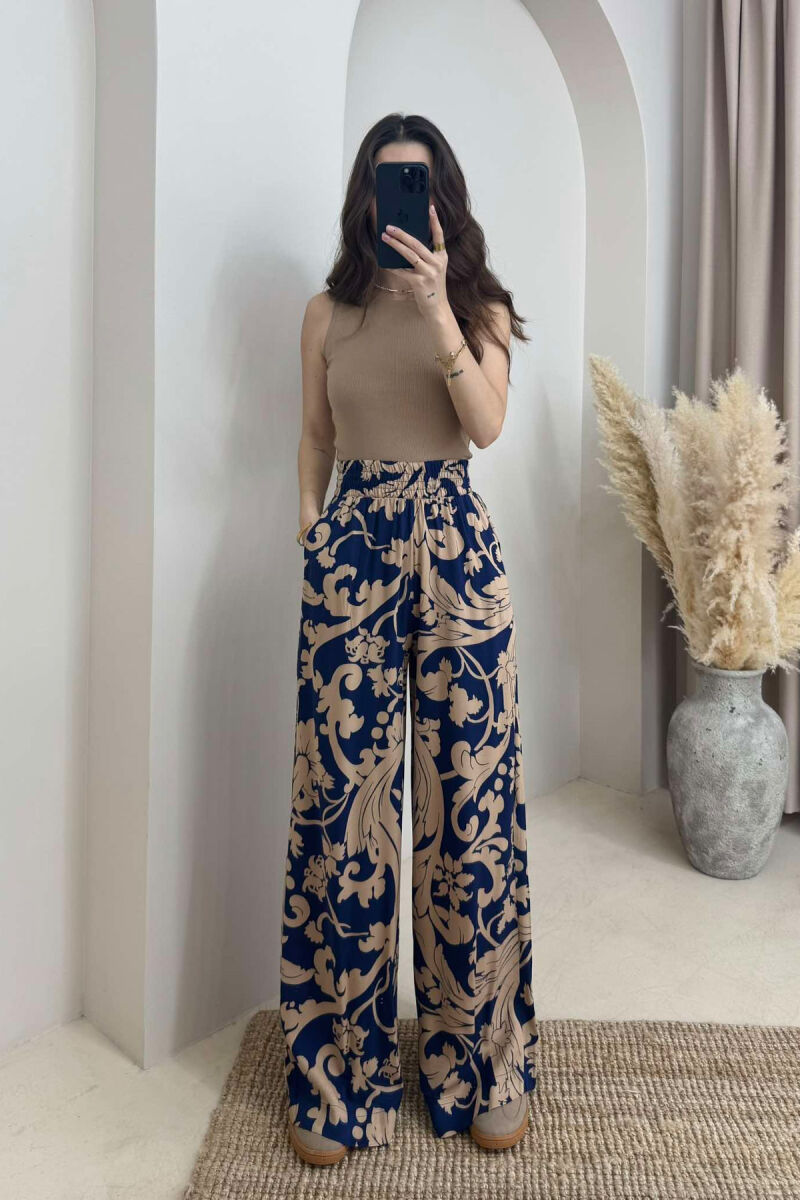 ABSTRACT DESIGN WIDE LEG WOMEN TROUSERS BLUE-BEIGE/BLBZH - 1