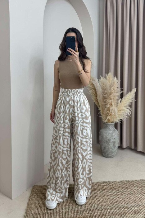 ABSTRACT DESIGN WIDE LEG WOMEN TROUSERS LIGHT BEIGE/BZHZB 